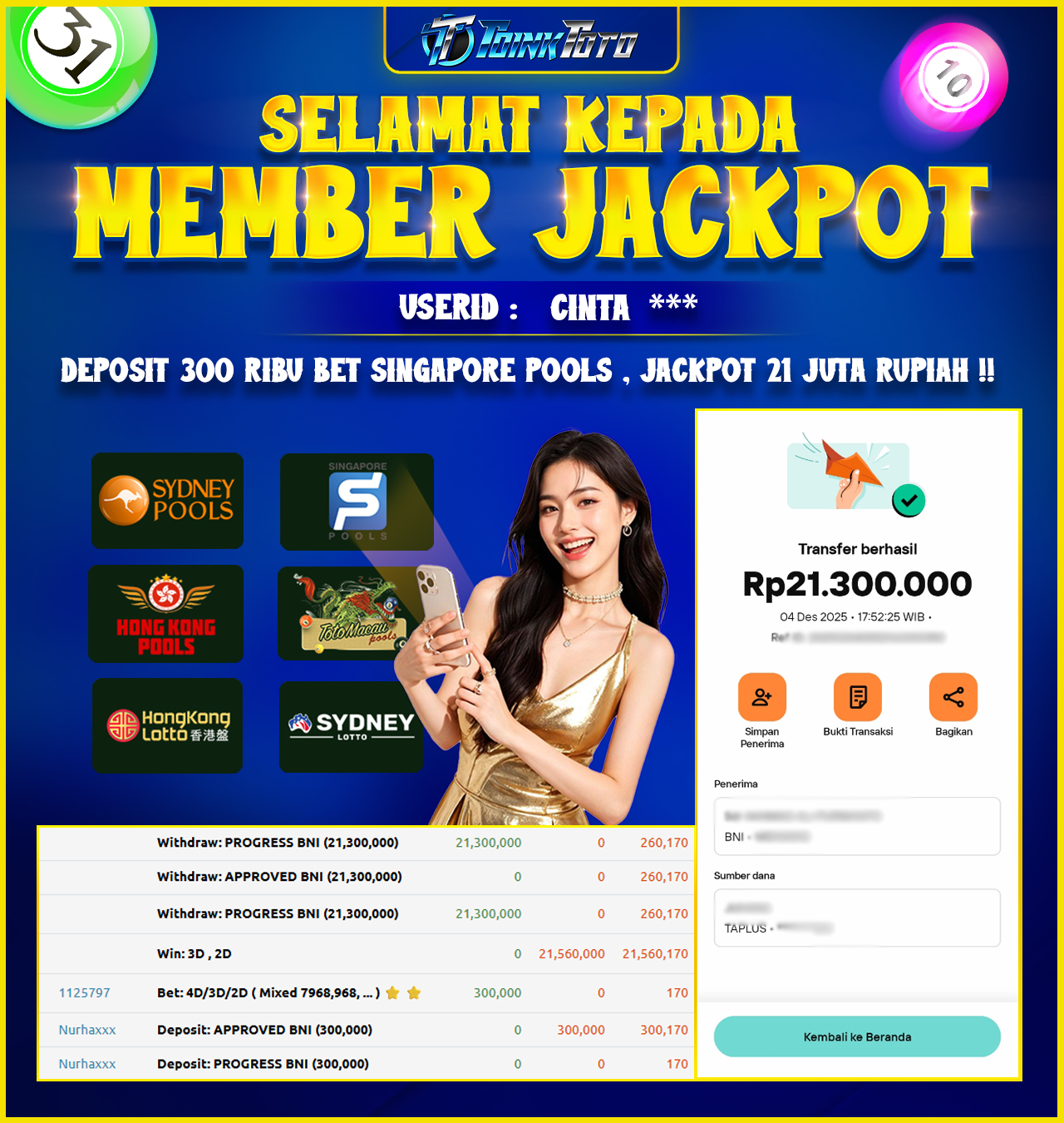 TOINKTOTO JACKPOT GAME TOGEL SINGAPORE POOLS Rp.21.300.000.,- LUNAS